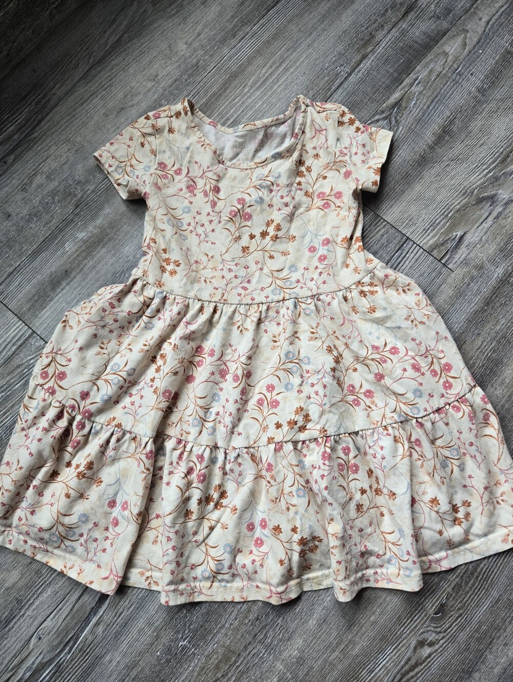Girls' Floral Tiered Dress in Cream and Pink